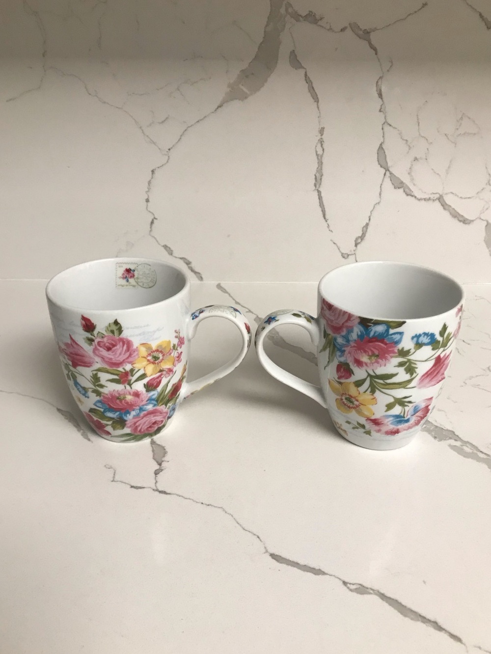 Floral Porcelain Coffee Mugs - Set of 2, White with Pink & Blue Flowers